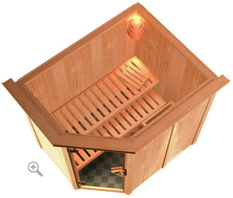 Sauna finlandese classica Carola coibentata con cornice LED sezione vista dall'alto