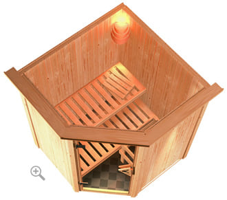 Sauna finlandese classica Ombretta coibentata con cornice LED sezione vista dall'alto
