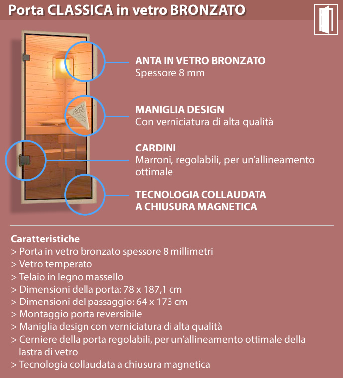Sauna finlandese classica Ava 2 coibentata - Porta classica in vetro bronzato - dettaglio