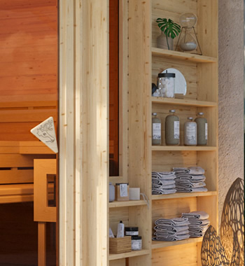 Sauna finlancese classica da casa in kit in legno massello di abete 40 mm Mara Luxe da interno: Scaffali
